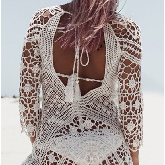 CROCHET SWIM COVERUP BOHO LACE DRESS OPEN BACK - Picture 3 of 9